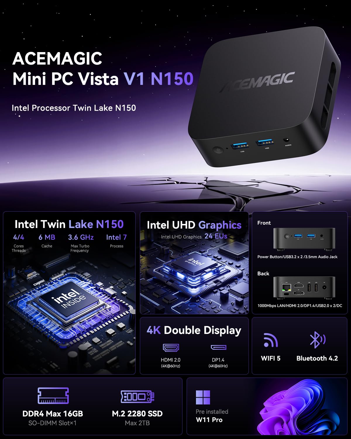 ACEMAGICIAN V1 Mini PC, Intel Twin Lake-N150 (fino a 3,6GHz), 16GB DDR4 1TB M.2 SSD,Mini Computer con W11 Pro | RJ45 | 4K HDMI+DP | WiFi 5 per Ufficio, Scuola