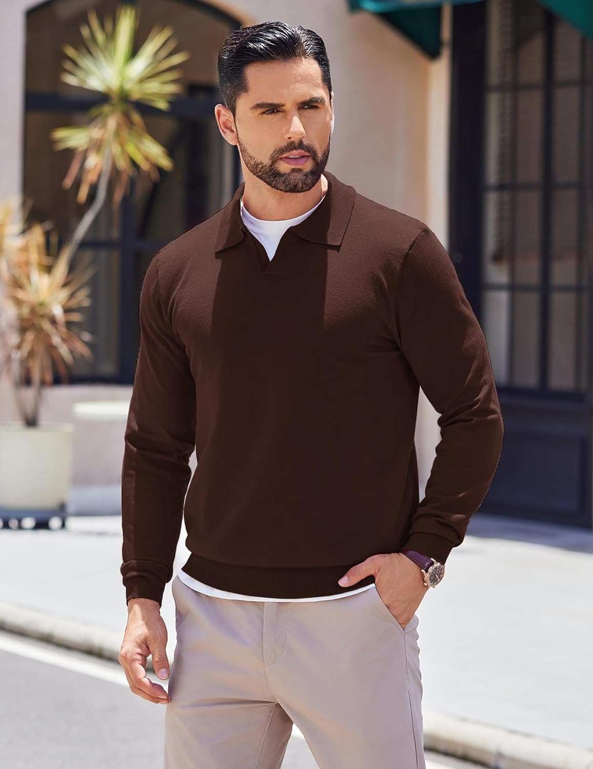 COOFANDY Long Sleeve Polo Shirts for Men Knit Polo Sweater Lightweight Ribbed Pullover Sweater - Image 4