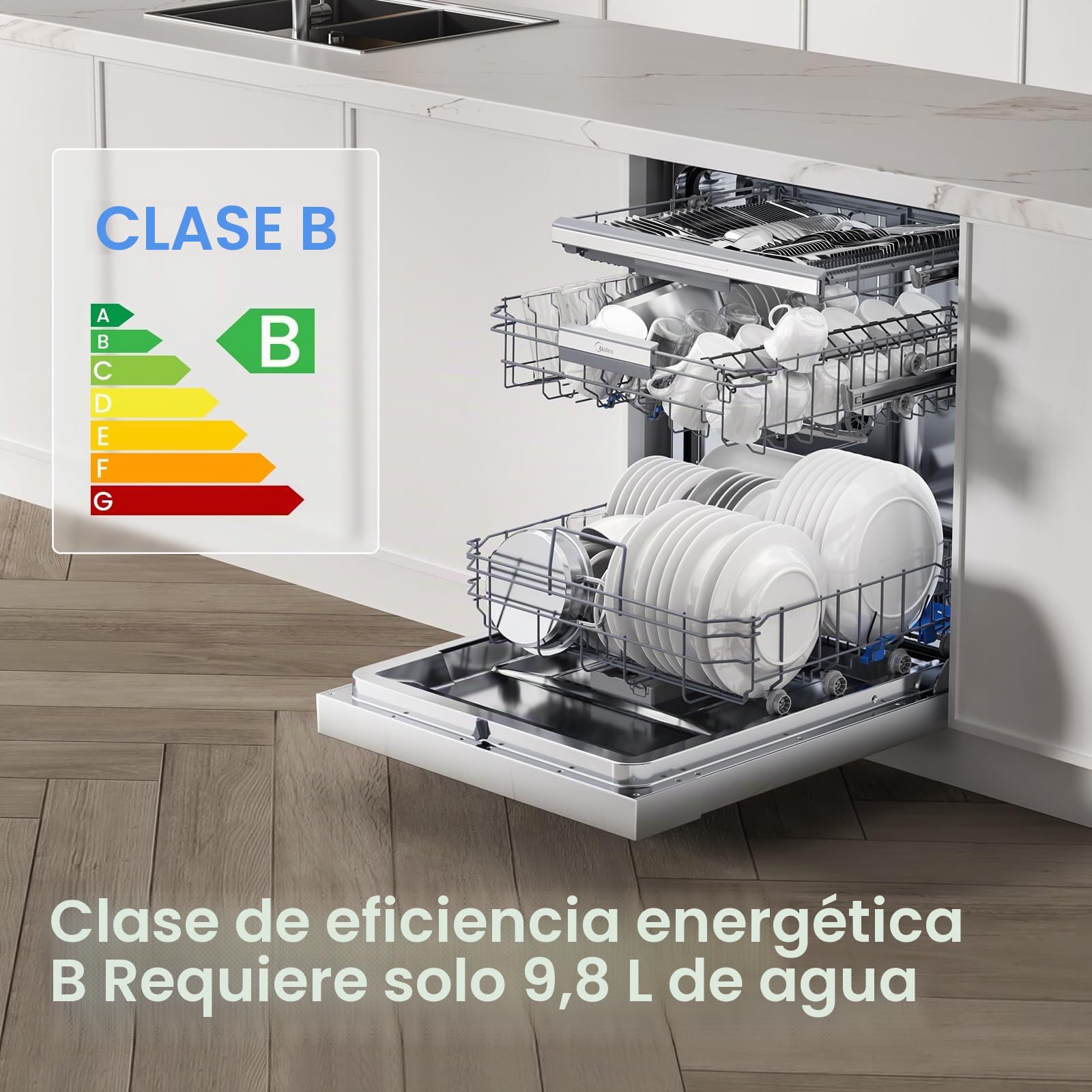 Midea SU 7.35 x 14BS Lavavajillas 60 cm Base 14 cubiertos Lavavajillas Parcialmente Integrado con WiFi, Secado Extra, 8 Programas, 42 dB, 1-24 Horas Inicio Retrasado, Acero Inoxidable