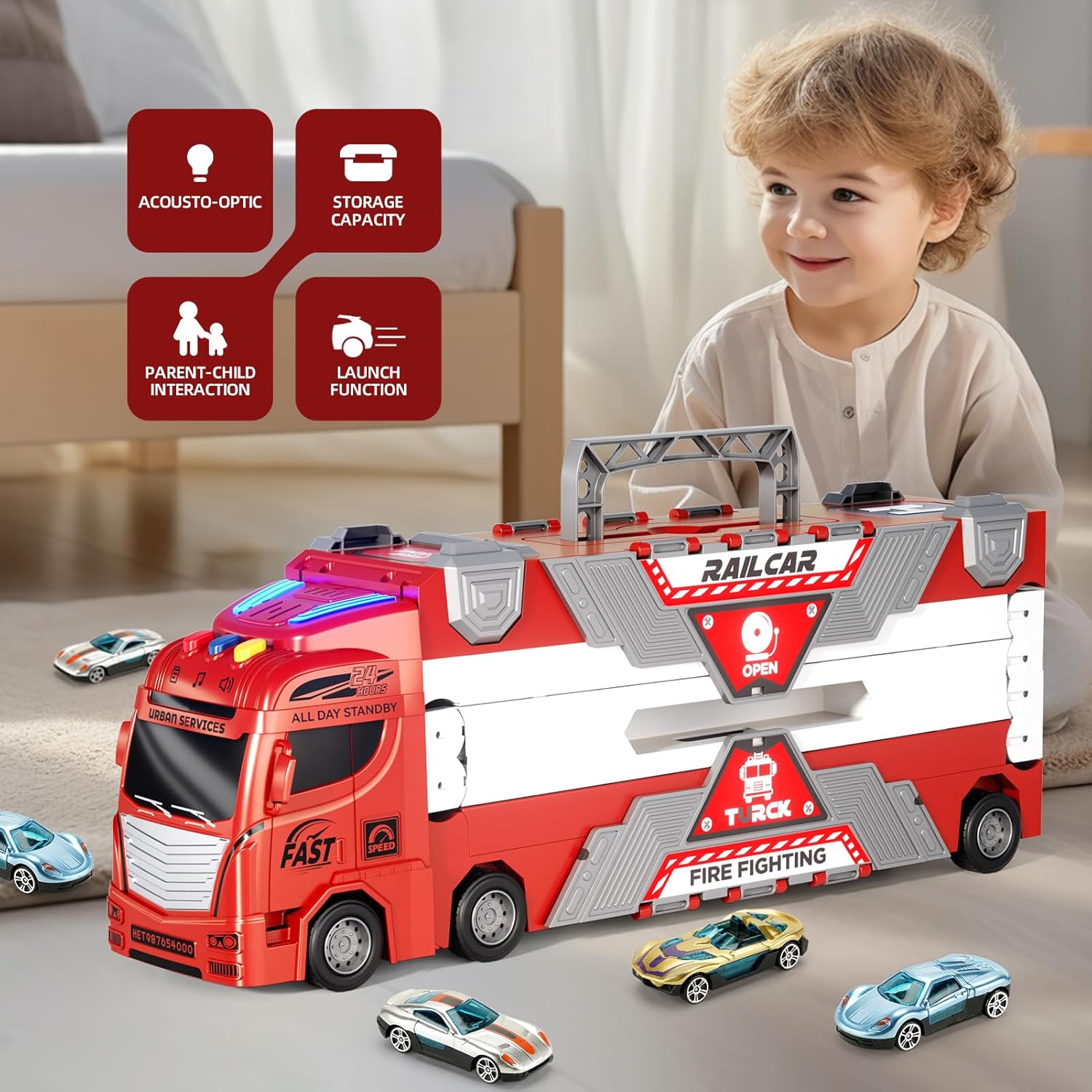 65-Inch Race Car Tracks and 20 Car Toys for Toddlers Boys Kids 1-3 4-7, Toy Trucks for Toddler 2 3 4 5 6 7 8 Years Old with Lights Sounds, Carrier Truck Toys Gift for Boys Girls Kids