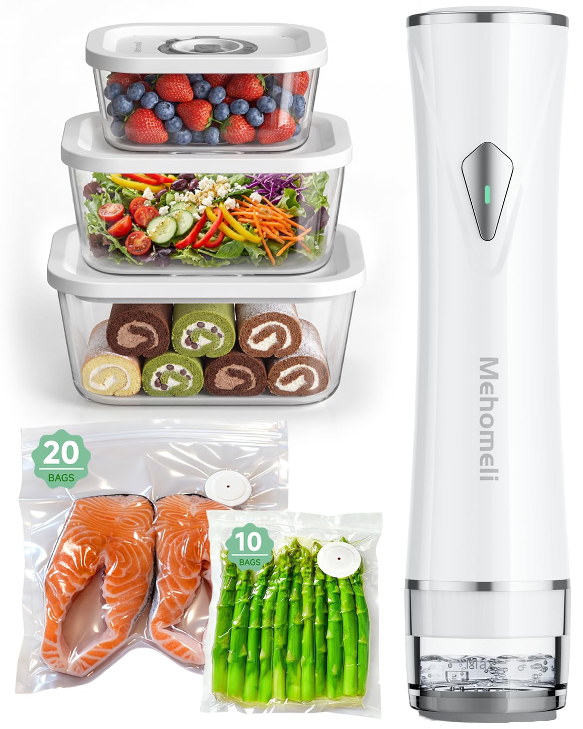 Mehomeli Compact Vacuum Sealer Set with 3 Glass Containers and 30 Bags