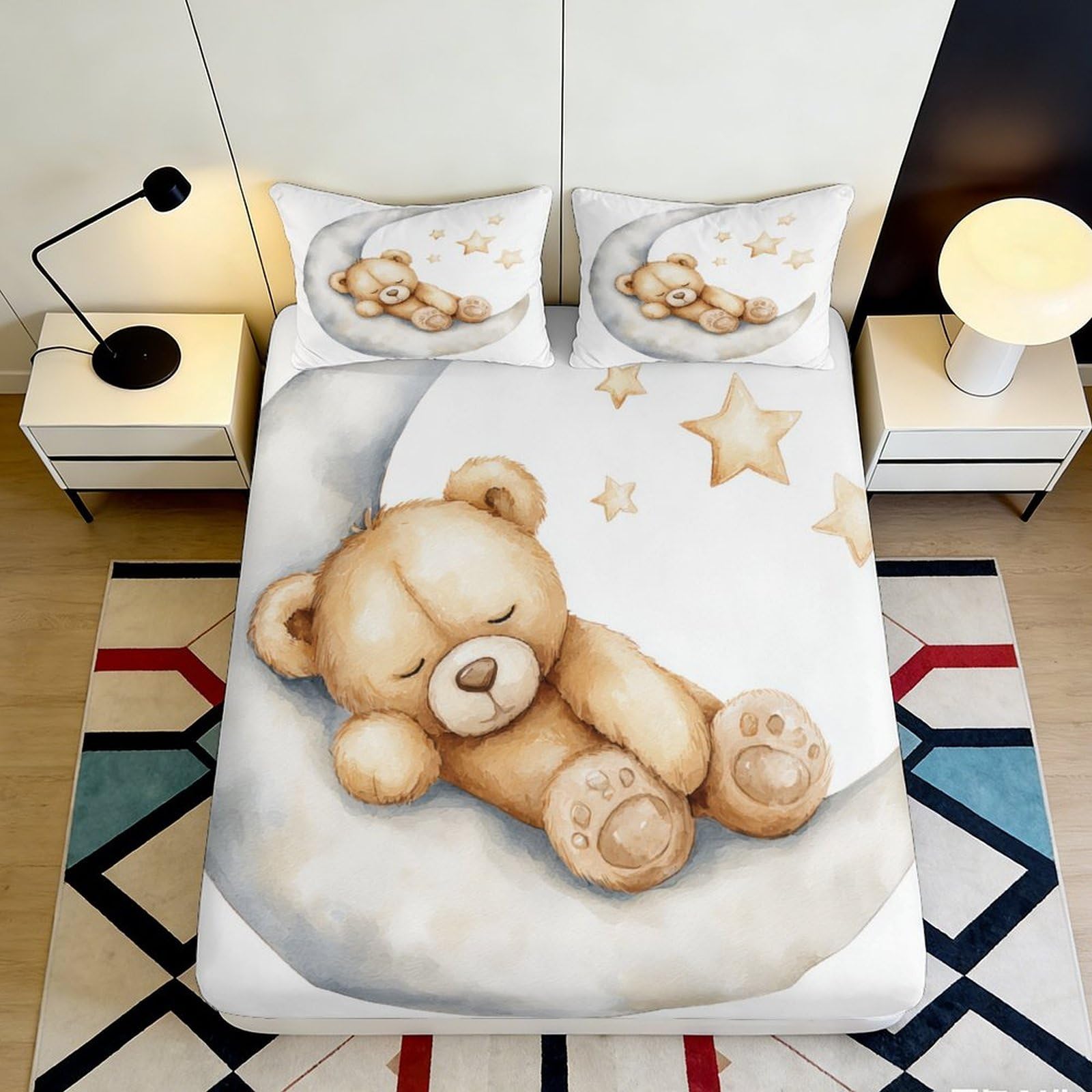 Pnayamiorkfel Style-8 3D Printed Cute Teddy Bear Fitted Sheet Microfiber Soft Breathable Sleeping Moon Bed Cover For Bedroom Guest Room Decor 90X200x25cm