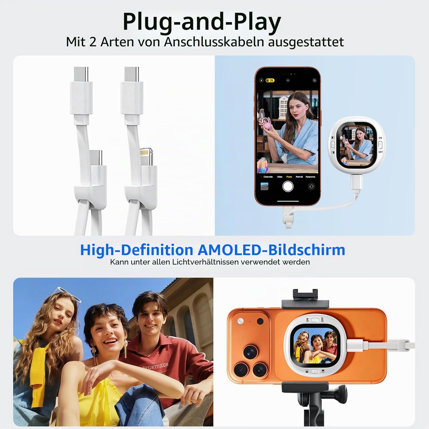 yAyusi Mini Magnetischer Vlog-Selfie-Monitor-Bildschirm für iPhone mit Fernbedienung, Tragbarer Rückkamera-Monitor mit Bildschirmspiegelung, HD AMOLED-Telefonmonitor-Bildschirm für TikTok(Nur für iOS)