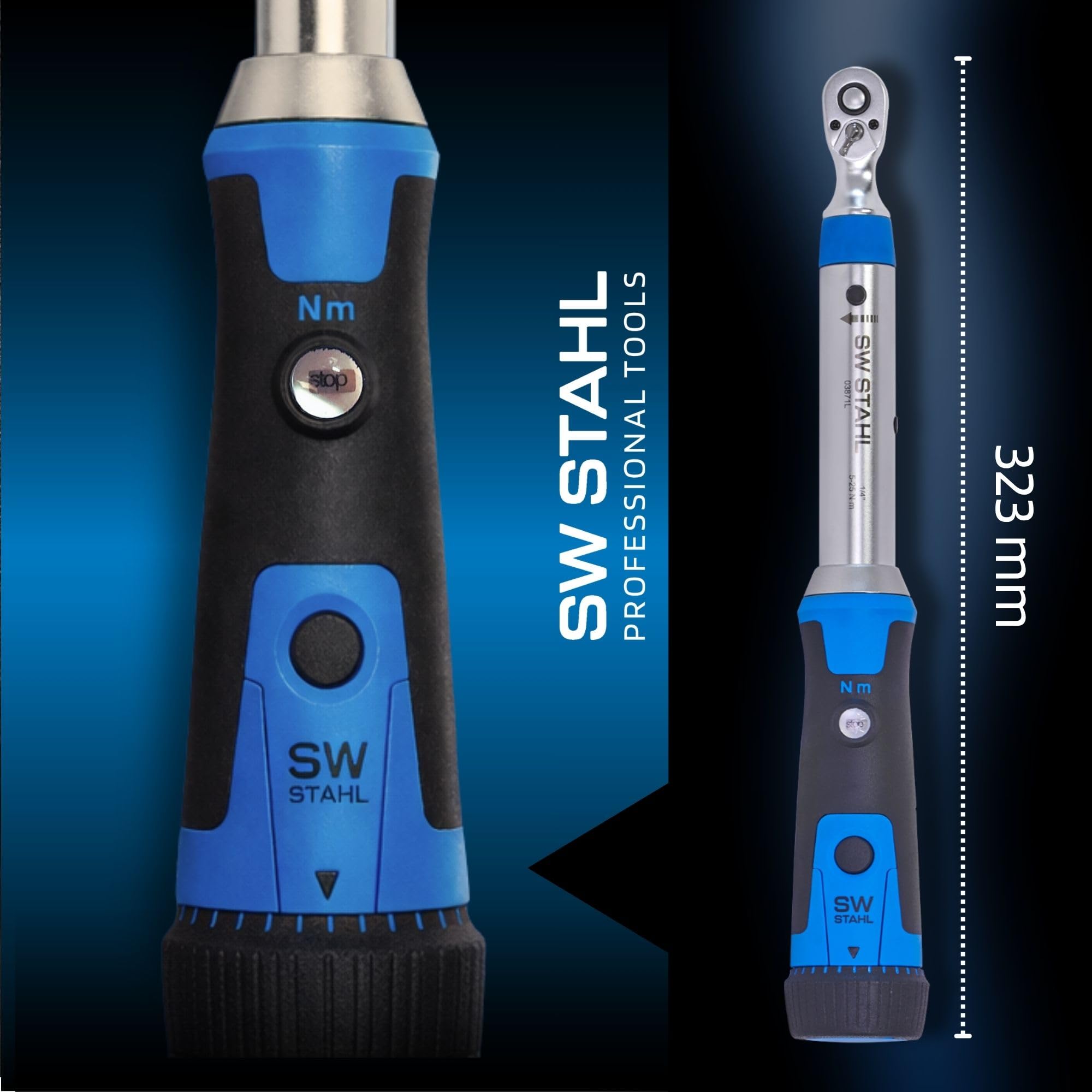 SW-Stahl 03871L Clé Dynamométrique 1/4" 5-25 Nm pour Vélo, Auto et Moto | Outil de précision calibré avec tête à cliquet, poignée 2K, verrouillage de sécurité et signal sonore pour vélos et VTT.