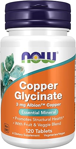 Miniatura 1 de NOW Suplementos de glicinato de cobre con cobre de albión de 3 mg, promueve la salud estructural*, 120 tabletas, gris claro, marrón