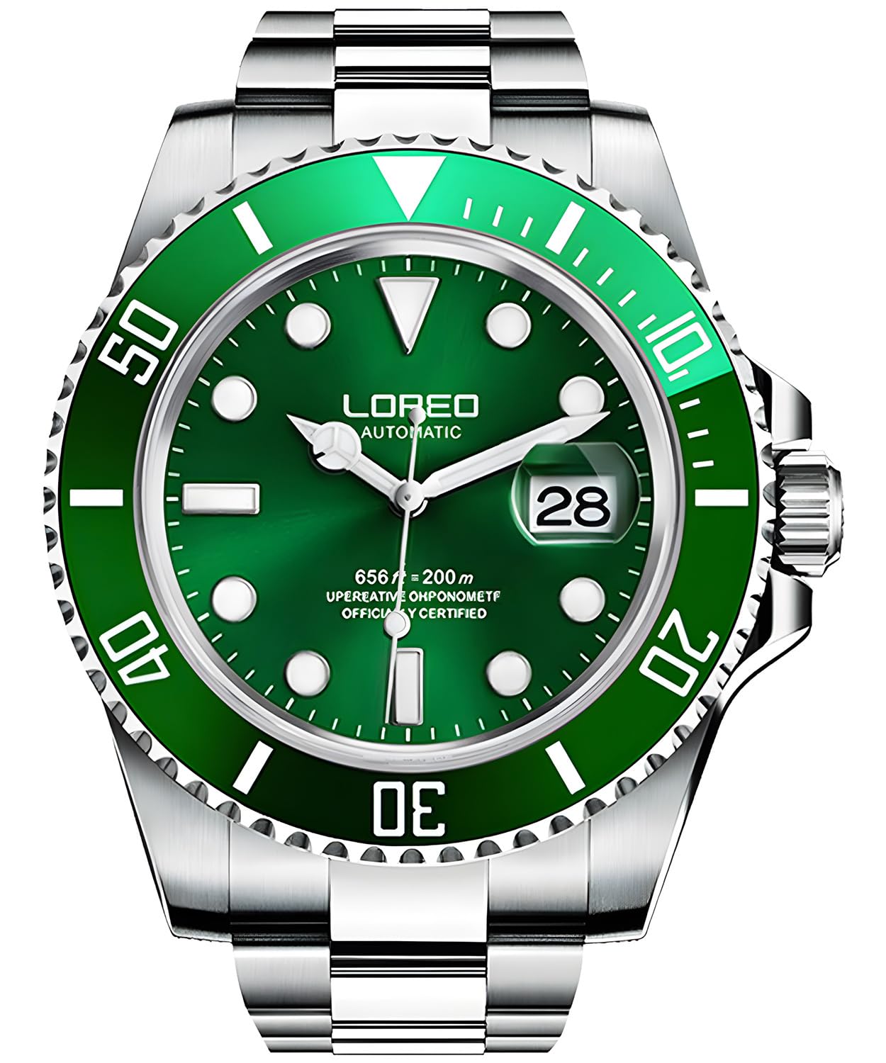 LOREO Mens Silver Stainless Steel Sapphire Glass Black Rotating Bezel Men's Automatic Watch