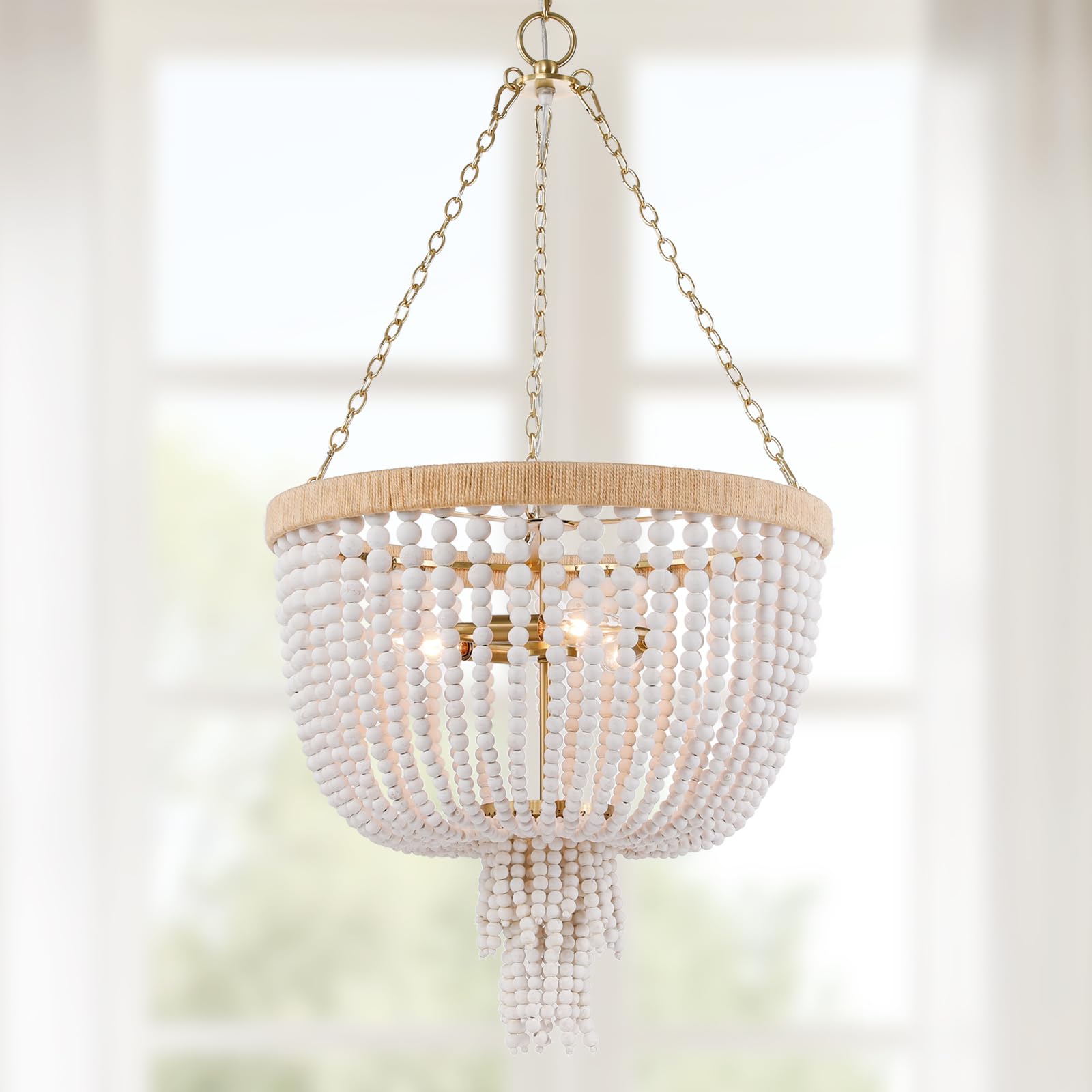 Beaded Chandelier,Wood Bead Chandelier Light Fixture for Bedroom,Hand-Painted White Wooden Beads,Boho Gold Pendant Light Fixtures Ceiling Hanging for Dining Room Living Room