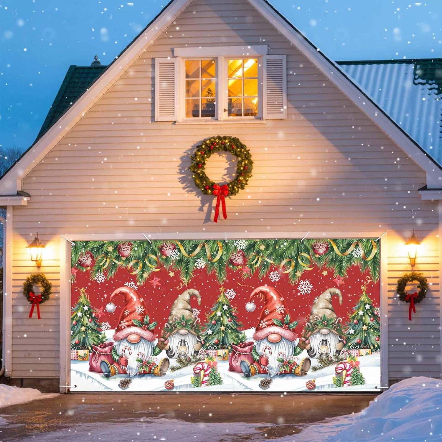 Red Gnomes Christmas Garage Door Banner Cover, Hanging Garage Door Decorations, Xmas Tree Snowflake Pine Needle Holiday Garage Door Covers Backdrop for Party Indoor Outdoor Wall Decor 7x16Ft
