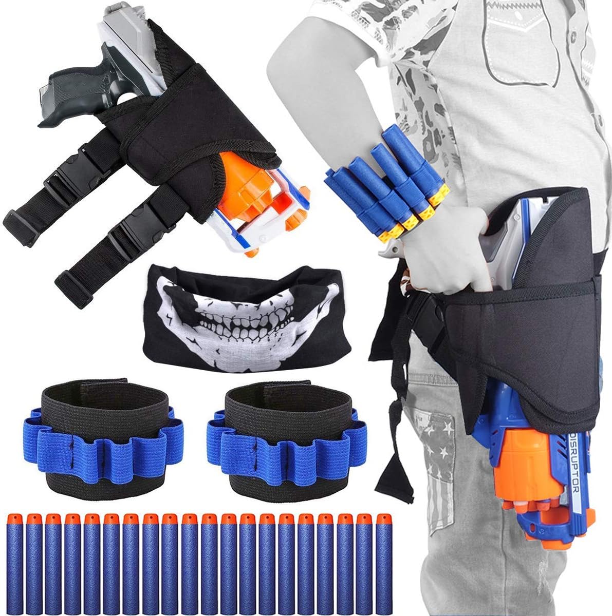 OuMuaMua Kids Tactical Waist Bag Holster Kit, for Gun N-Strike Elite Series Blaster 24 Pieces, Include Holster Waist Bag, 2 Wrist Bands, 20 Refill Darts & 1 Skull Face Mask