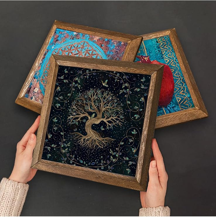 Pinecone Fil, Yaşam Çiçeği, Hayat Ağacı Taş Duvar Tablosu - Ahşap Çerçeveli Taş Tablo - 25x25 cm - 3 Parça Set - Dekoratif Duvar Sanatı - Modern Ev ve Ofis Duvar Dekoru W3-157