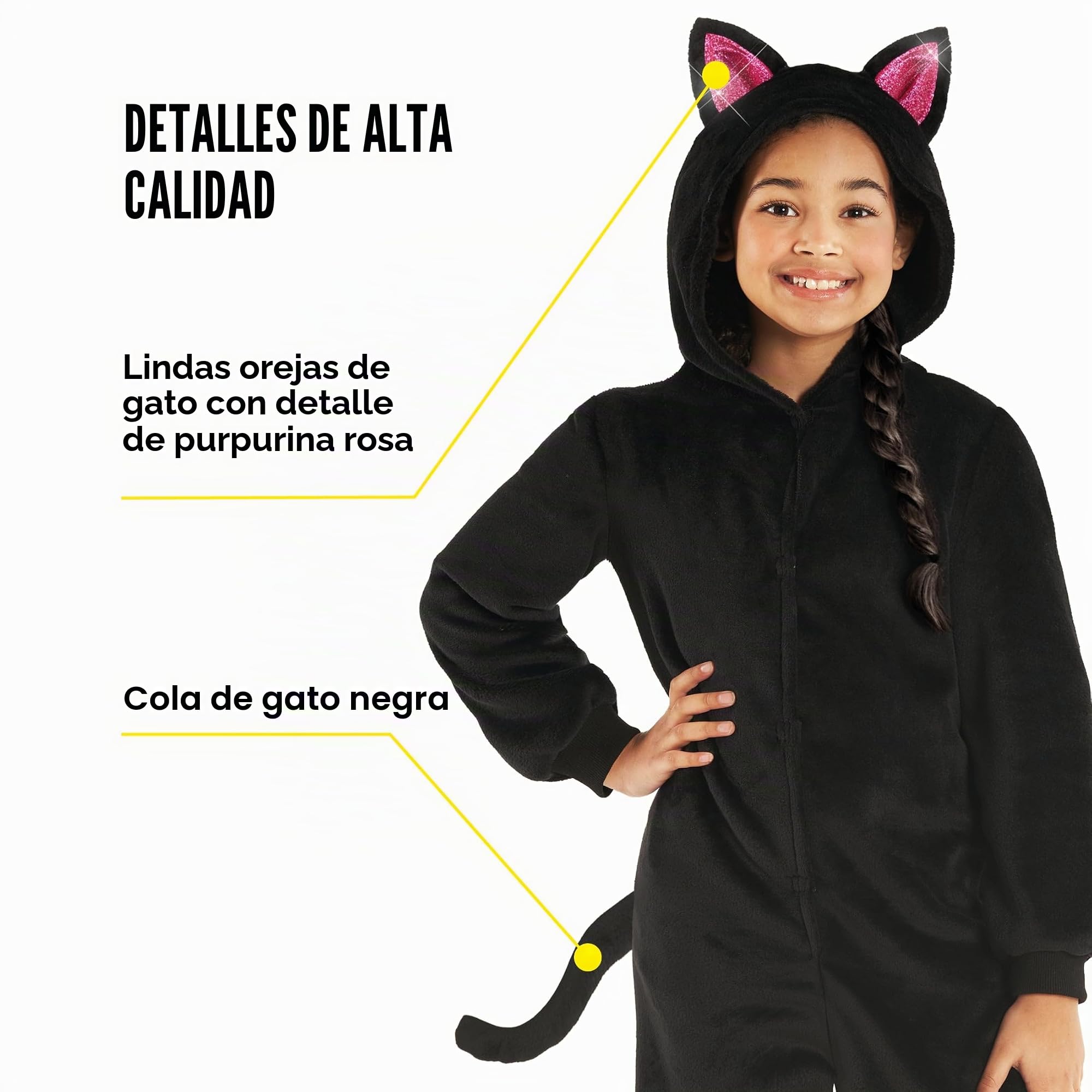 Morph Disfraz Gato Negro Niña, Disfraz Halloween Niña | Mono de Peluche Negro con Cola & Diadema con Orejas, Para Poner, Perfecto para Halloween, Ideal para Juegos de Rol
