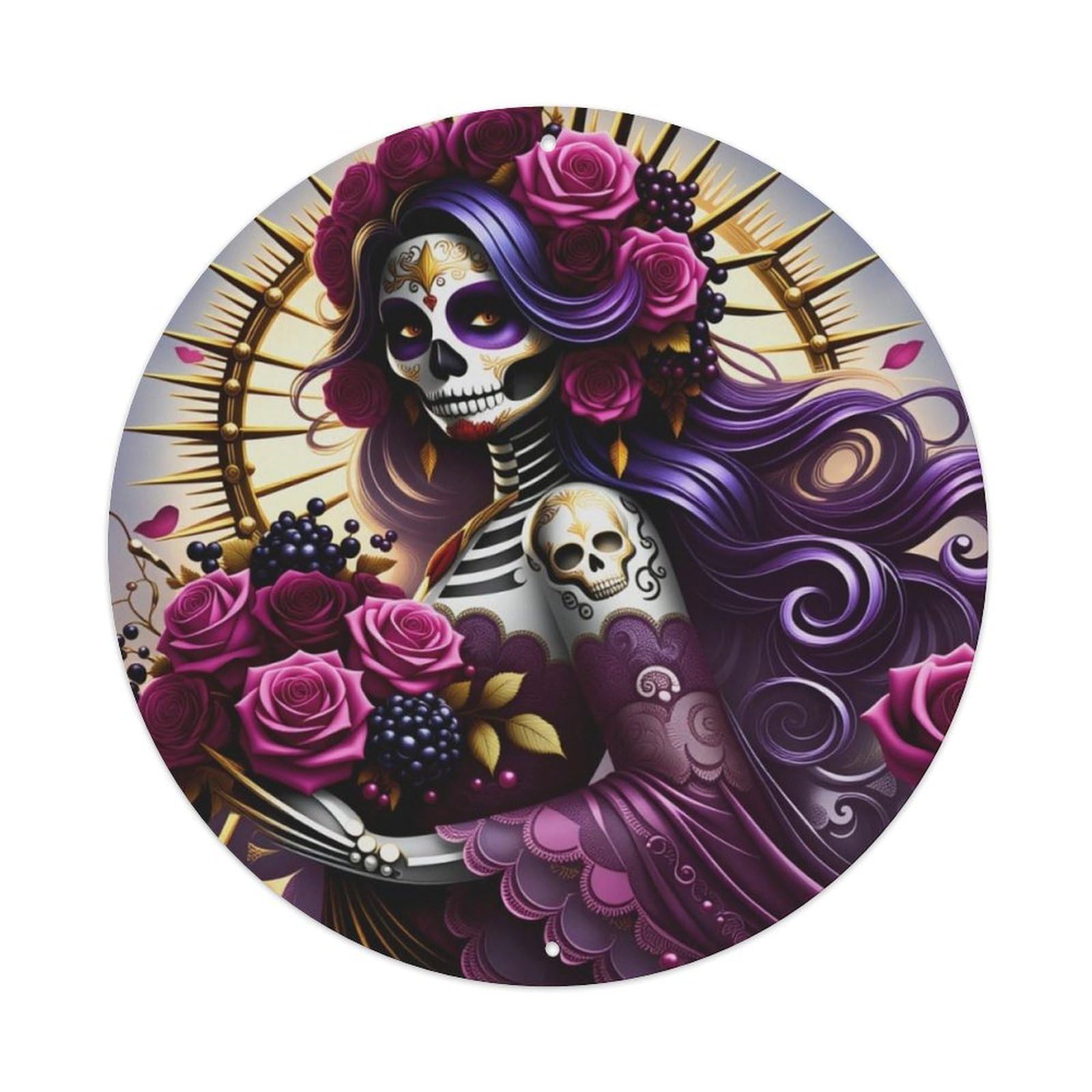 Mexican Day of The Dead Purple Rose Skeleton Lady Round Sign Vintage Aluminium Metal Sign, Retro Wall Decor for Home, Bar, Garage & Farmhouse 20x20cm