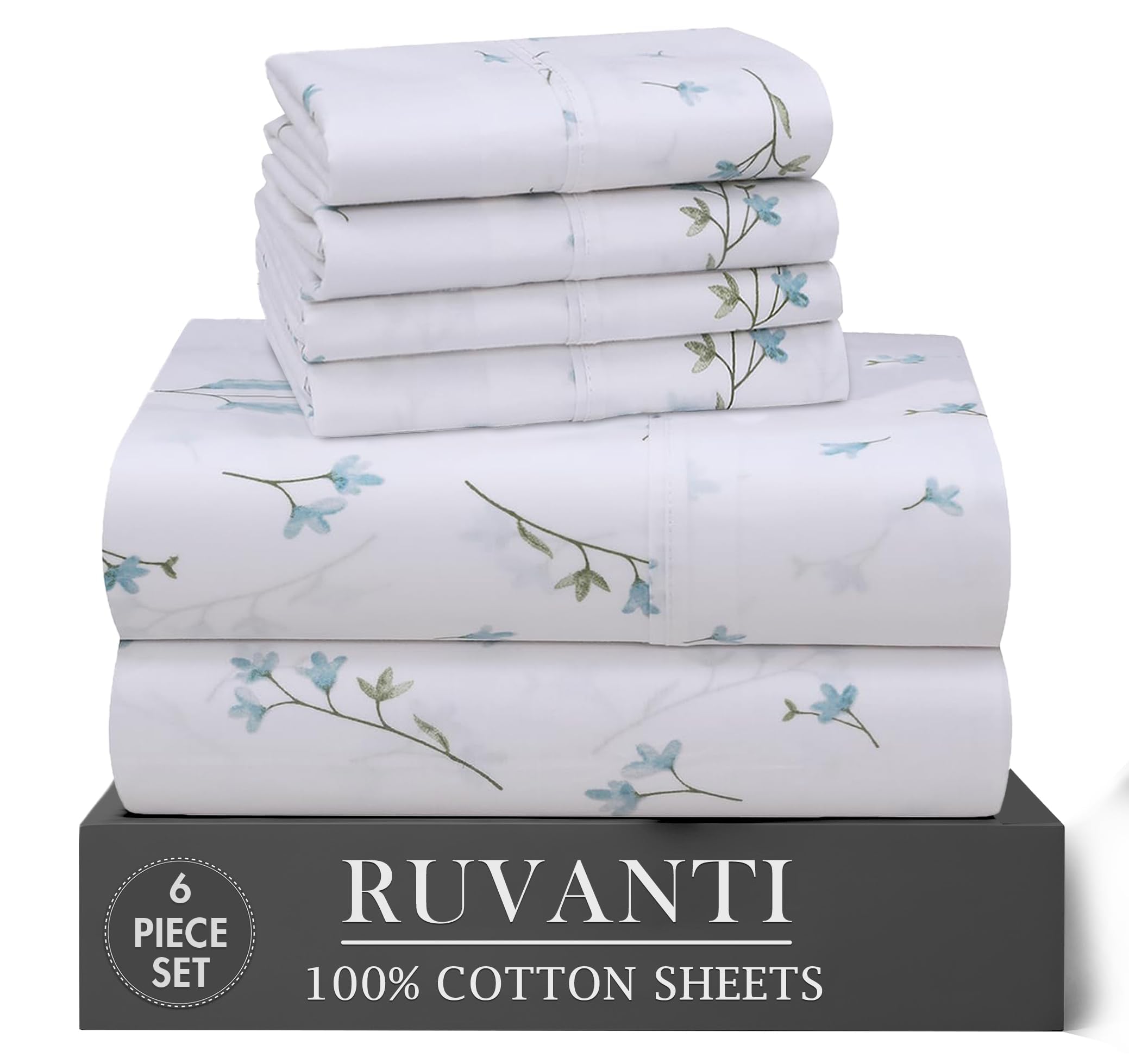 RUVANTI 6 Pcs Cotton Sheets - 100% Natural Cotton Soft, Lightweight & Breathable Crispy Percale Sheets, Full Size Bed Sheets 16" Deep Pockets, Burgeon