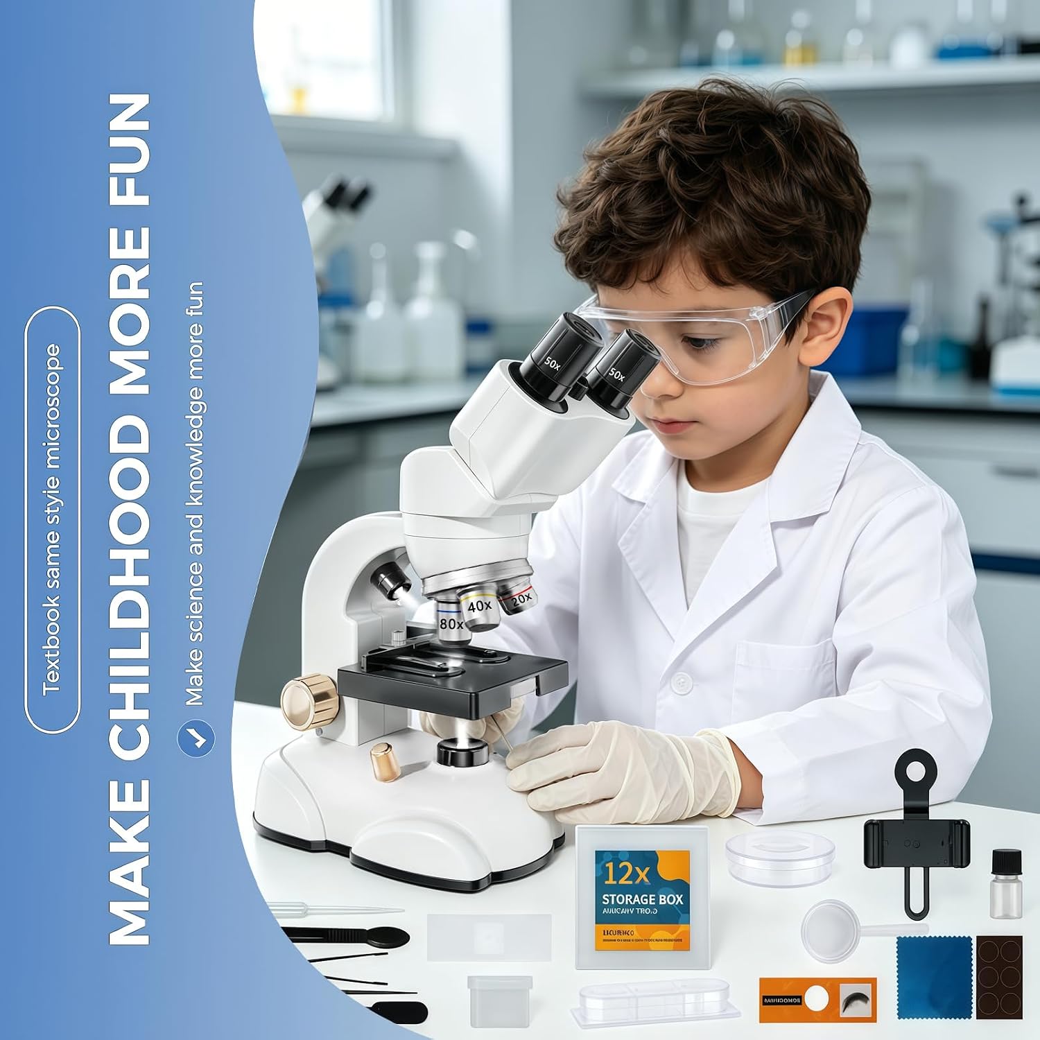 Microscope for Kids, Double Tube Double Mirror Microscope Kit LED 400X-1600X Magnification Kids Science Toys, Microscope Slides with Specimens for Kids,Students Microscope STEM Kit