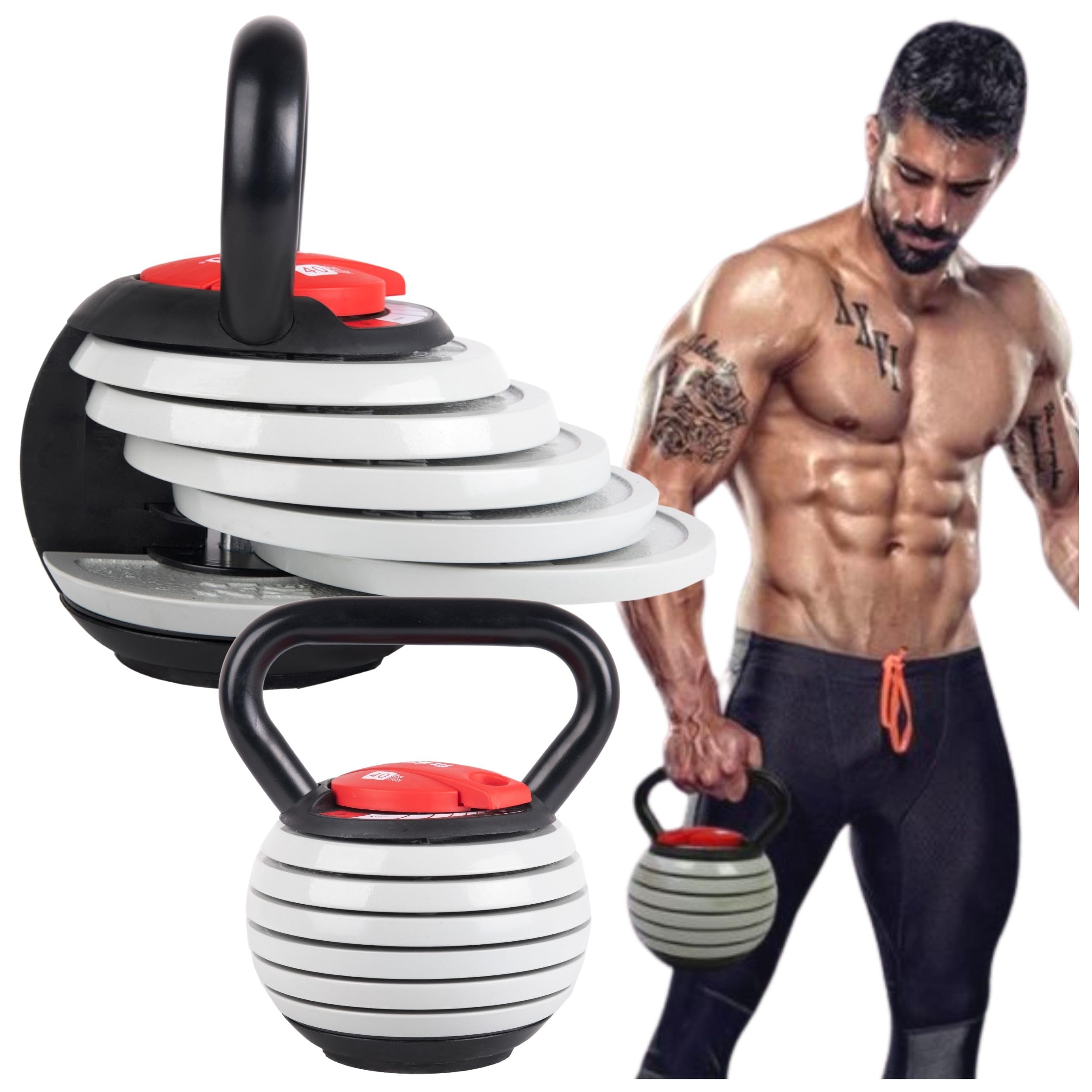 Regulowany Kettlebell, Żeliwny z ABS, 3,5-18,1 kg, 6 Talerzy Obciążeniowych, 28 cm Wysokości, Czarny, Model FIT-954