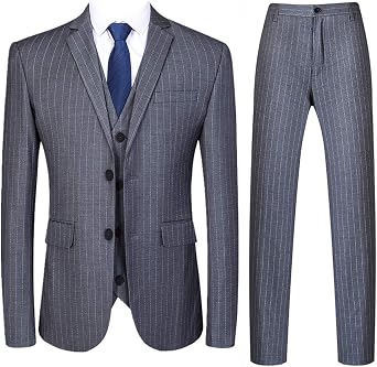 Mens 3 Piece Pinstripe Suit Slim Fit Casual Dress Suits Blazer + Vest + Pants