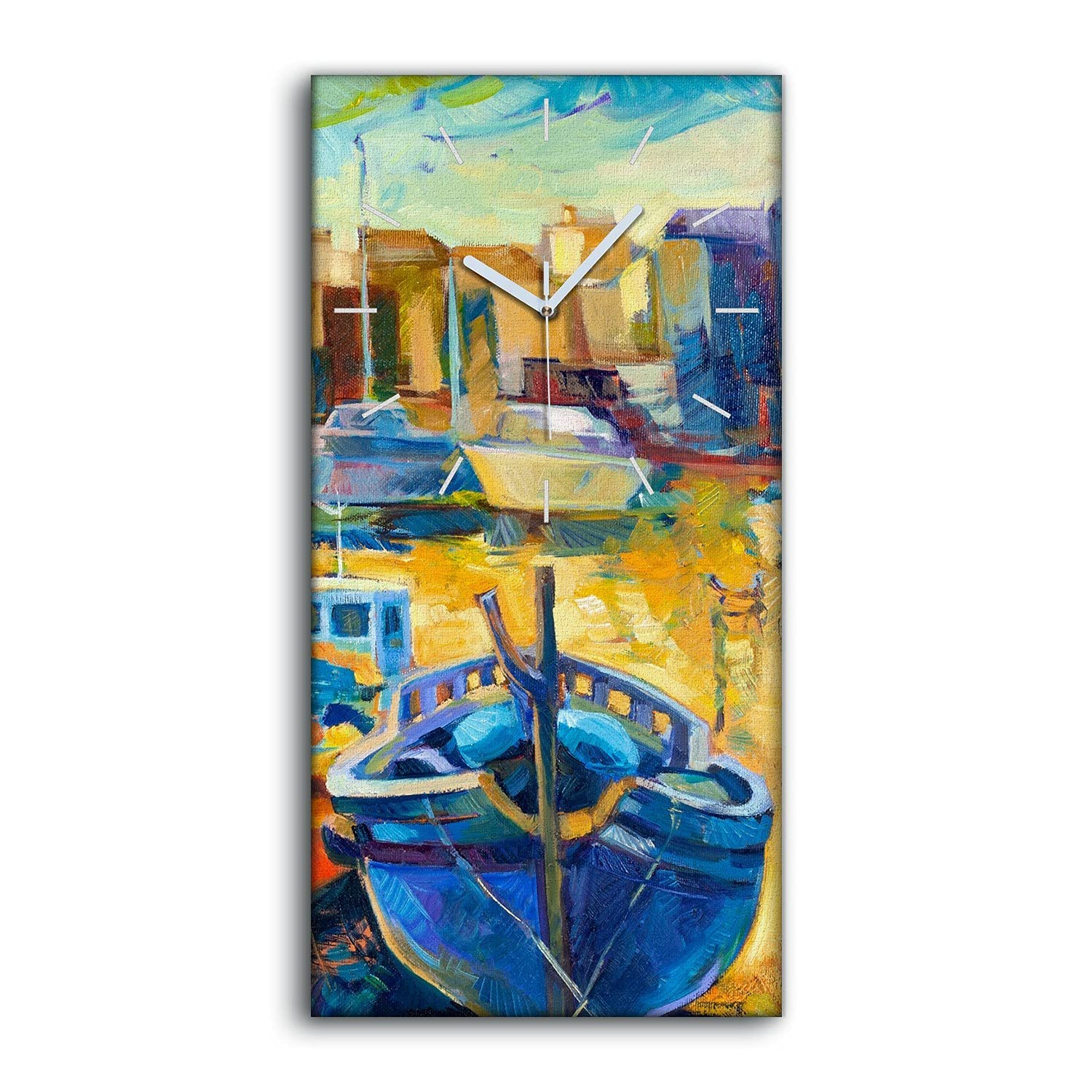 Horloge sur toile bateaux photo city paysage 30x60cm pour art mural de salon moderne et silencieux