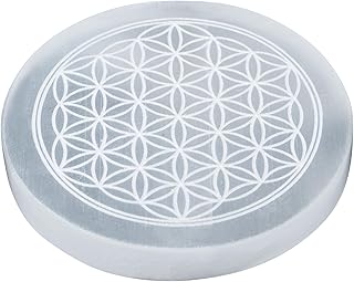 Selenite Charging Plate with Flower of Life Design - 4" Engraved Healing Crystal Charger | Round Disc Plate for Home, Office, Table Decor | Amplify Energy, Crystals and Healing Stones