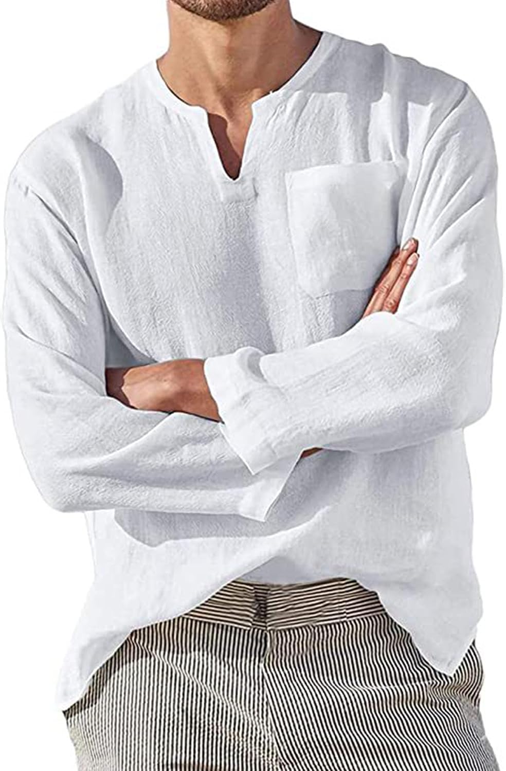 Men's Cotton Linen V-Neck Shirt Casual Long Sleeve Beach Shirt Lightweight Solid Color Tops with Pockets