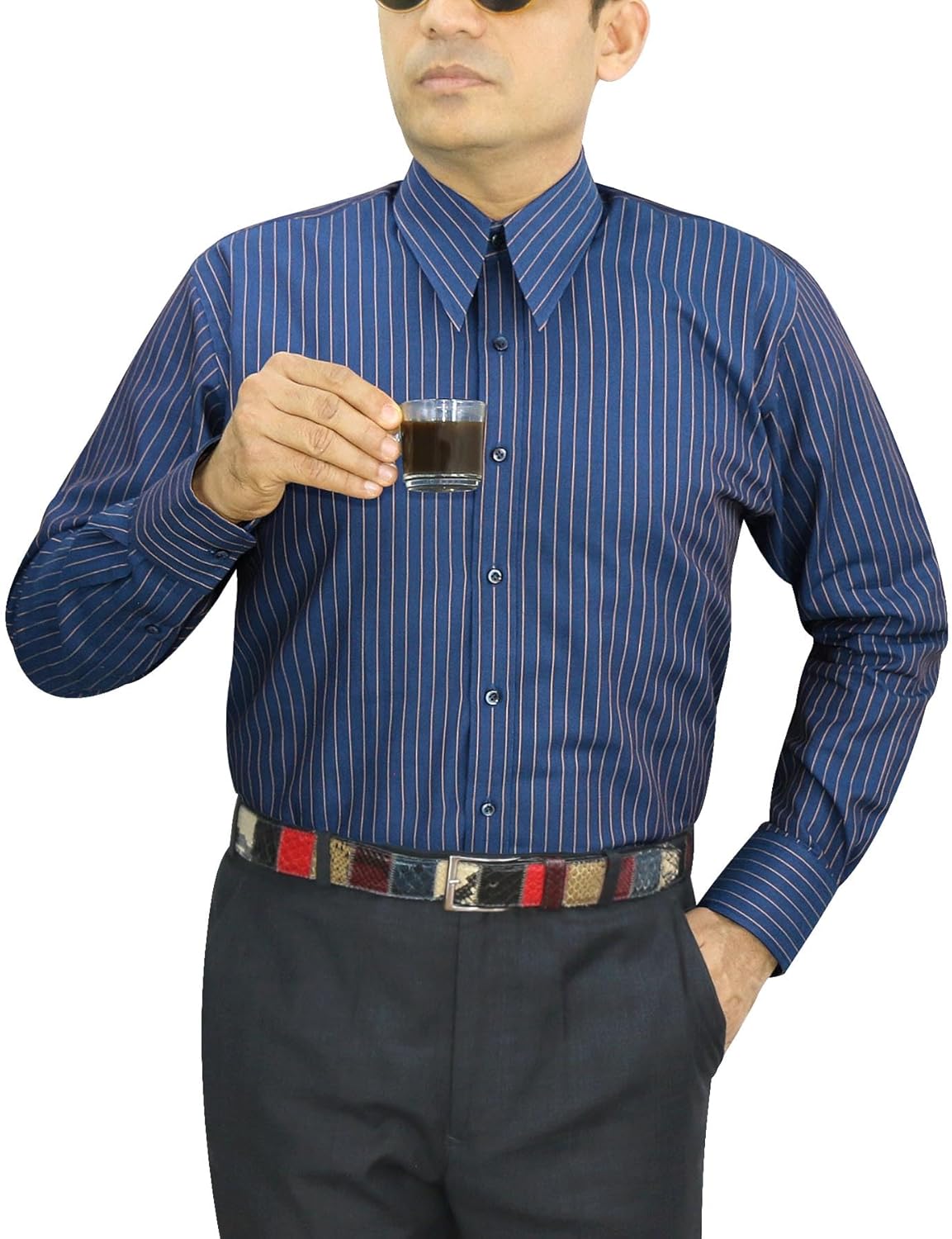 John Clothier Spear Point 1950s Retro Era Shirt Navy Blue Chalk Stripes Cotton Mens Formal Wedding Occasion Outfit