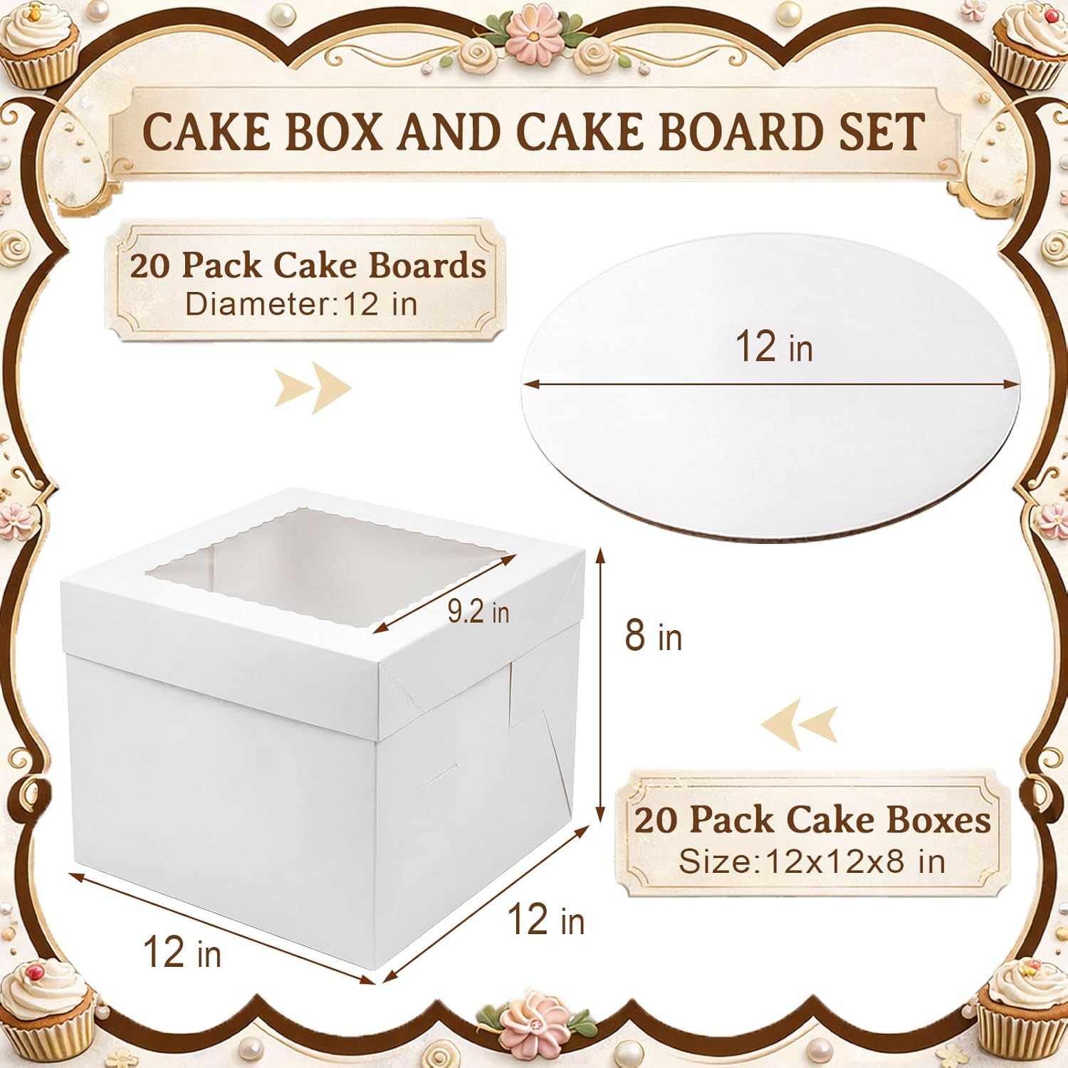 Arttown 20pcs Cake Boxes and Cake Boards,12x12x8 Inches Tall Multi-Layer Cake Box with Window White Square Cardboard Bakery Boxes for Cookies Pies Cupcakes Pastry-Wedding,Birthday,Party Decorating