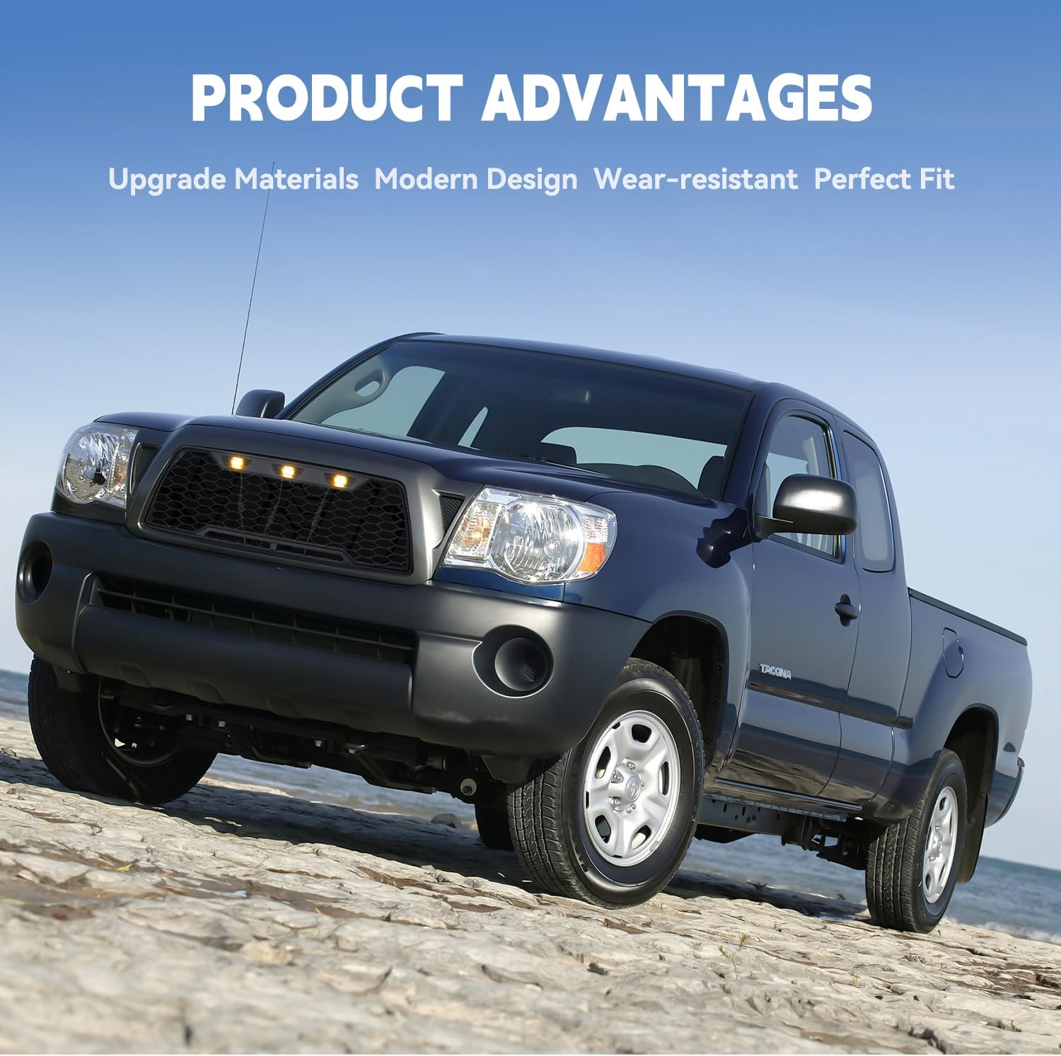 Front Upper Mesh Black Shell Grille Compatible with 2005-2011 Toyota Tacoma with LED Lights.