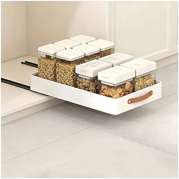 Pull Out Cabinet Organiser for Kitchen Cupboards   No-Drill Peel & Stick Slide-Out Drawer Storage Shelves with Handle