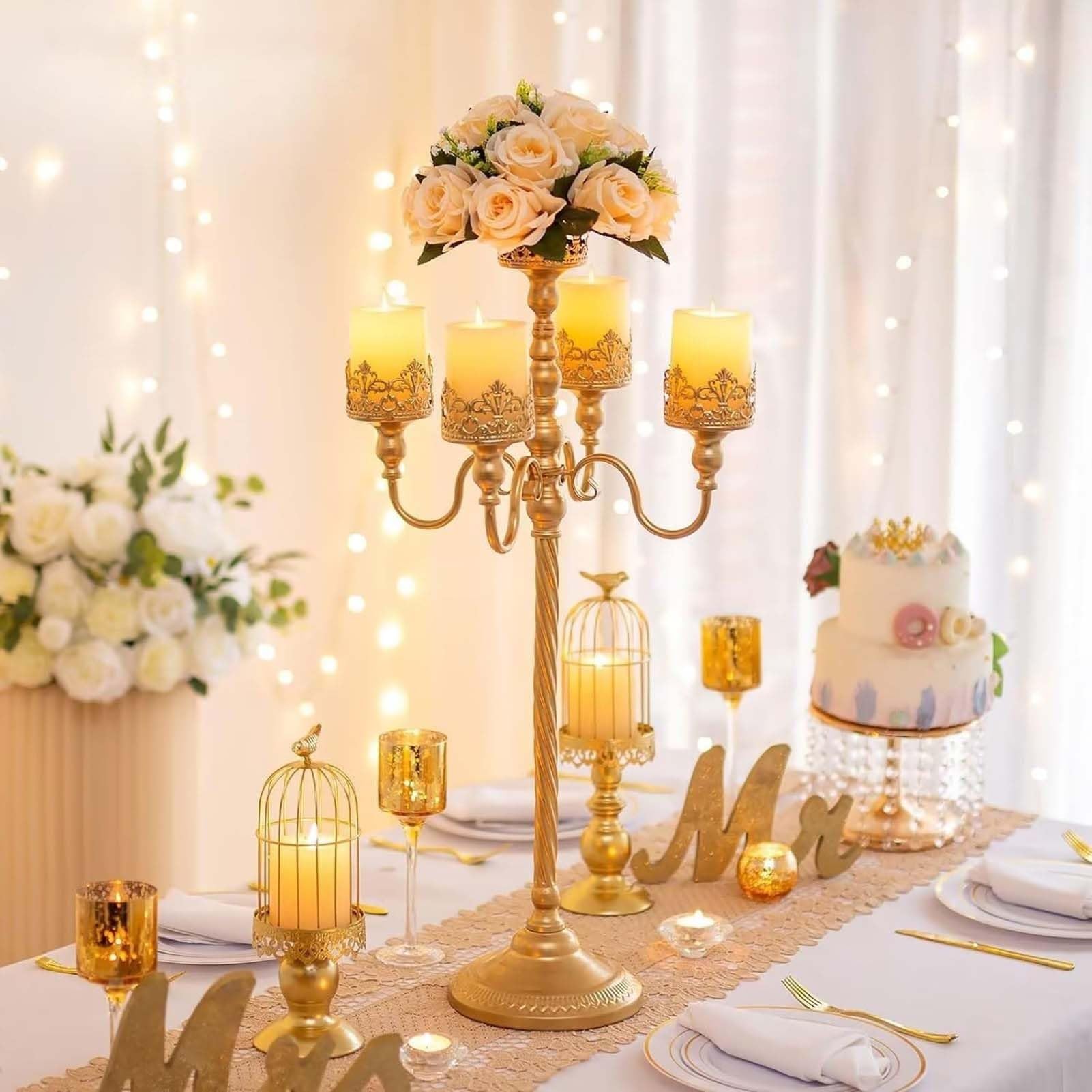 Portavelas de metal de 5 brazos para centro de mesa, recepción de boda o decoración del hogar