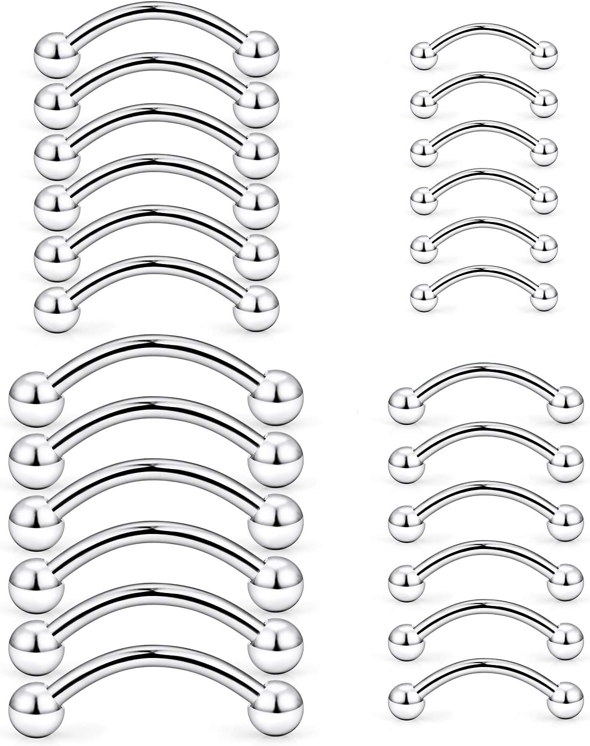 Eyebrow Piercing Jewelry 16G Surgical Steel Curved Barbell with Ball Kit Tragus Ring Piercings Jewelry 16-24Pcs 6mm 8mm 10mm 12mm