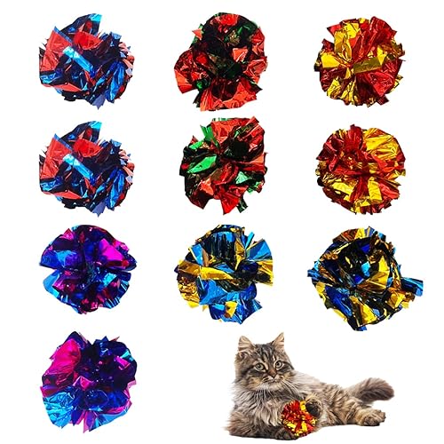 QUVOVID Cat Crinkle Ball Toys 10 Packs for Indoor Cats to Kill Time and Keep Fit, 2.3 Inch Colorful Mylar Crinkle Balls Attract Cats to Swat, Bite, Hunt, Interactive Toys for Cats and Kittens - 10 Packs