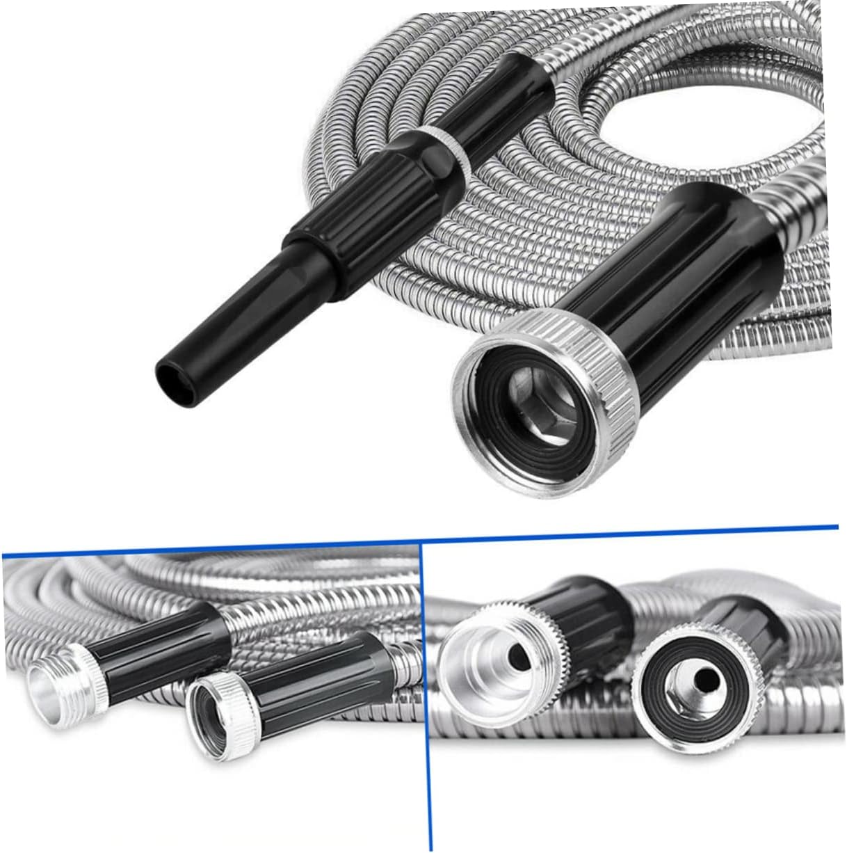 HANABASS Stainless Steel Telescopic Garden Hose Flexible Watering Hose with Nozzle Durable Kink Design for Lawn and Outdoor Use Eu Standard Silver Finish