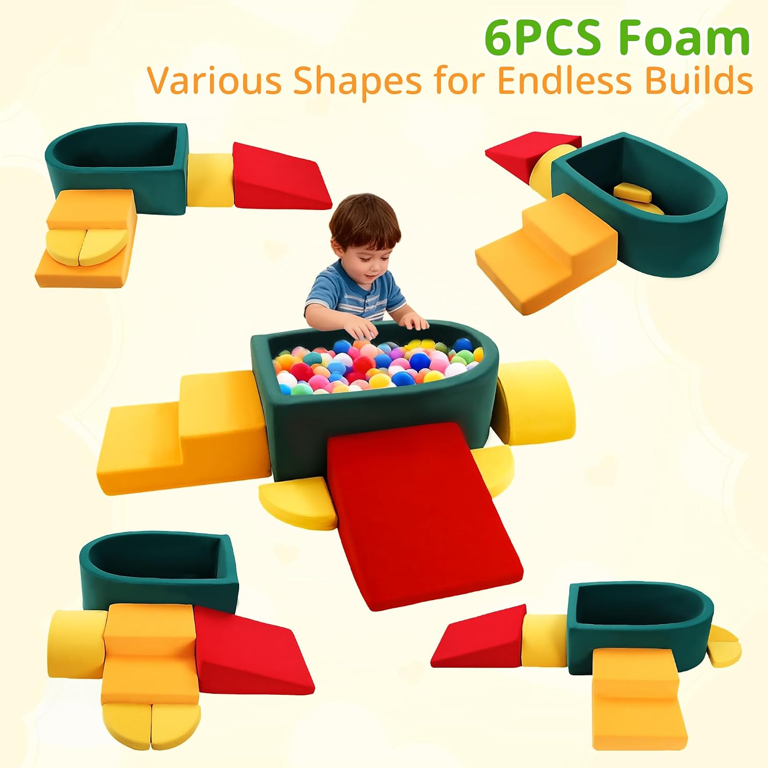 Foam Climbing Blocks for Toddler, Indoor Soft Climbing Toys with Ball Pit for Baby, 6pcs Soft Play Set Climbing Crawling Blocks for Playroom LivingRoom, Birthday Gift for 1-3 Years(Balls not Included)