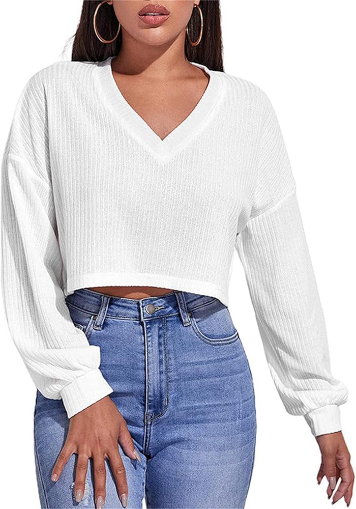 Womens V Neck Pullover Crop Tops Relaxed Long Sleeve Cropped Tee