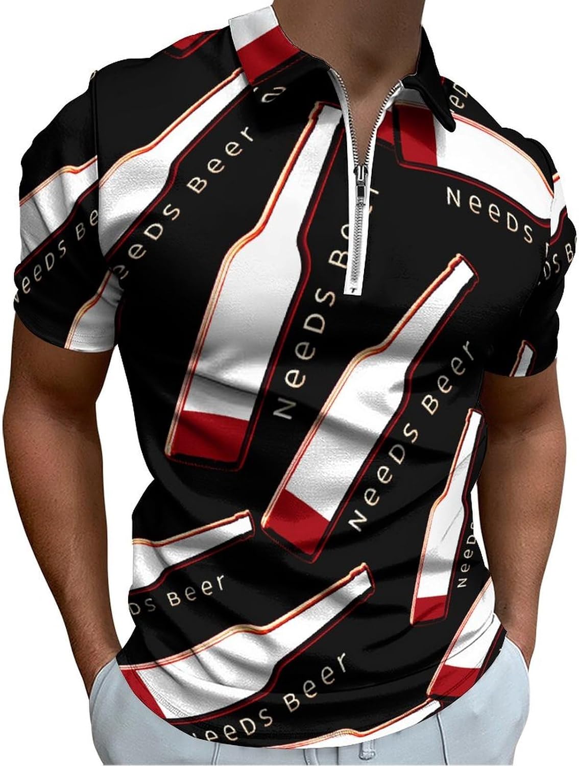 Need Beer Low Battery Men's Polo Shirts Golf Short Sleeve Tops | Casual Workout,Golf T-Shirt,Zippered Tee,Collared,Print