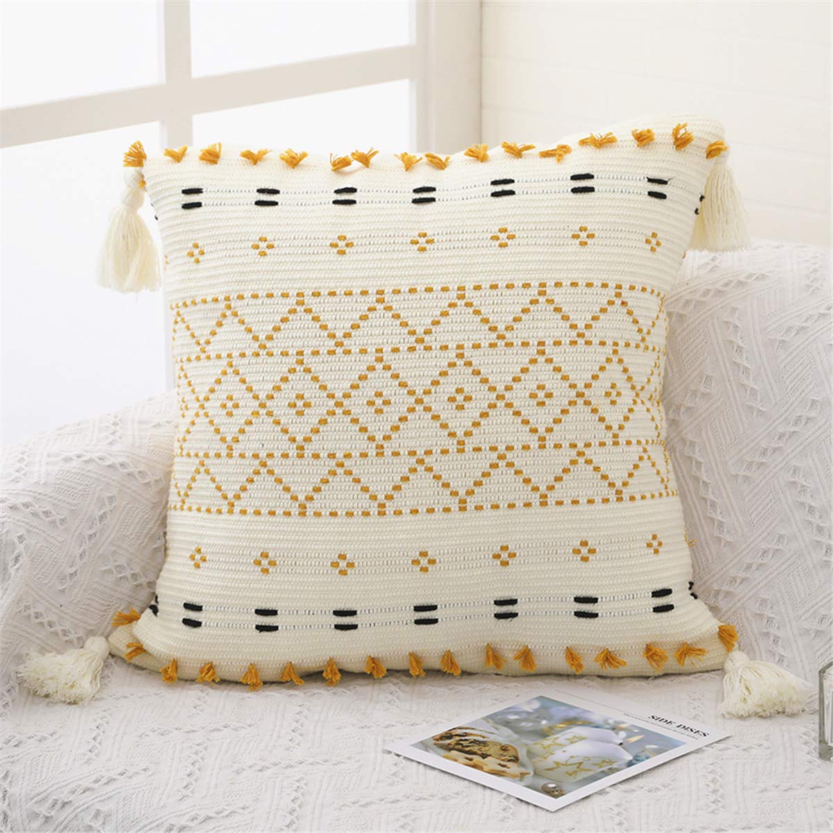Bohemian Throw Pillow Covers, Natural Cotton Hand-Woven Tufted Decorative Tassel Hug Pillowcase for Sofa Bed Bedroom Living Room (1, Square 18 lnches)