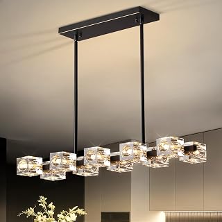 Modern Crystal Chandeliers for Dining Room,Black and Gold Pendant Lights Fixture 10 Lights Adjustable Height Hanging Ceiling Light for Kitchen Island Bedroom Over Table Living Room
