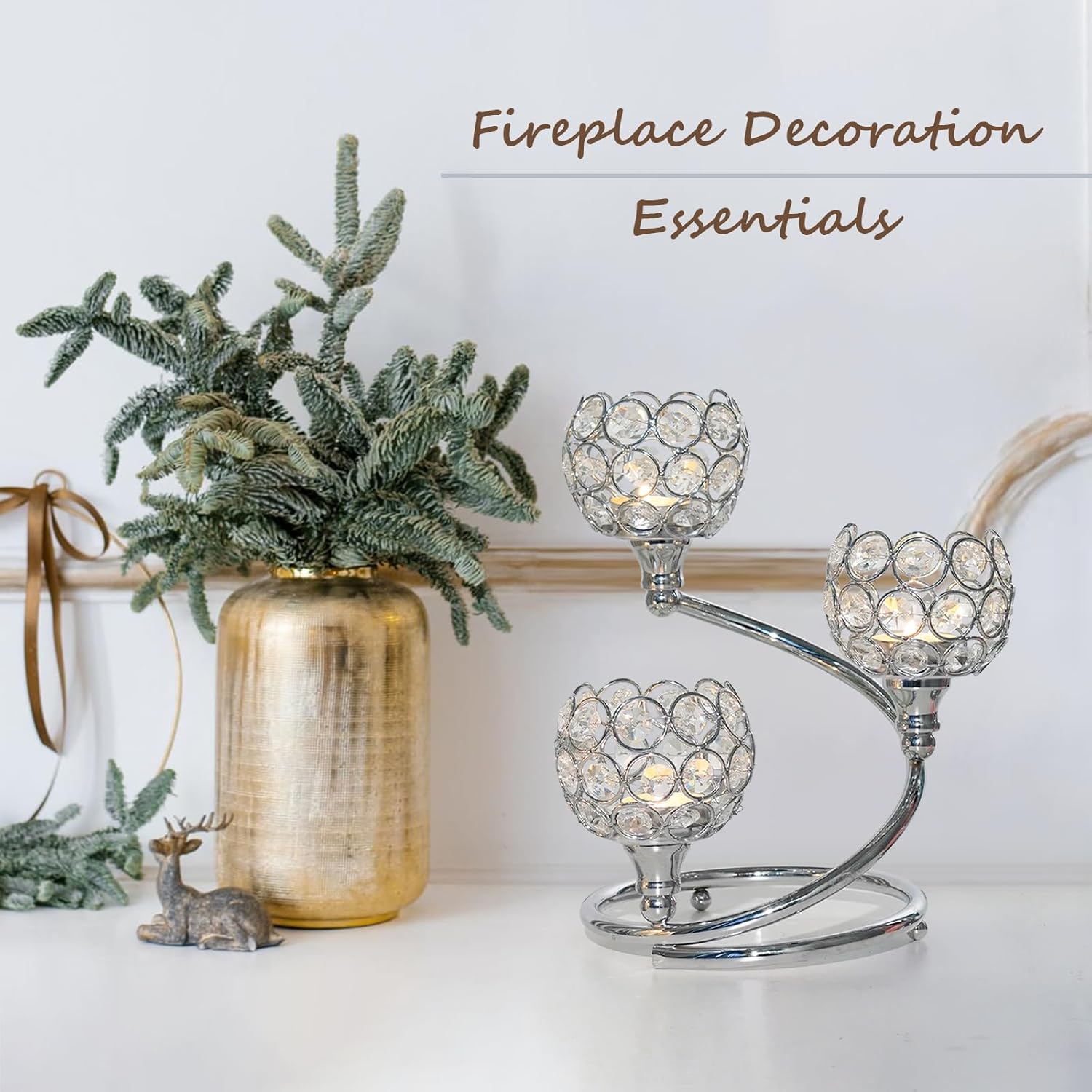 Metal Crystal Candle Holder Set of 3 - Elegant 5-Arm Metal Tea Light Centerpiece with Shining Crystal Bowl, Wedding Anniversary Table Decor for Dining, Party (Silver, 2 Pcs 3 Arm)