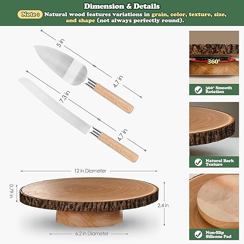 Miniatura 2 de Soporte giratorio para tartas de madera de 12 pulgadas con juego de corte de pasteles, soportes de madera rústica para tartas para fiestas, bodas,