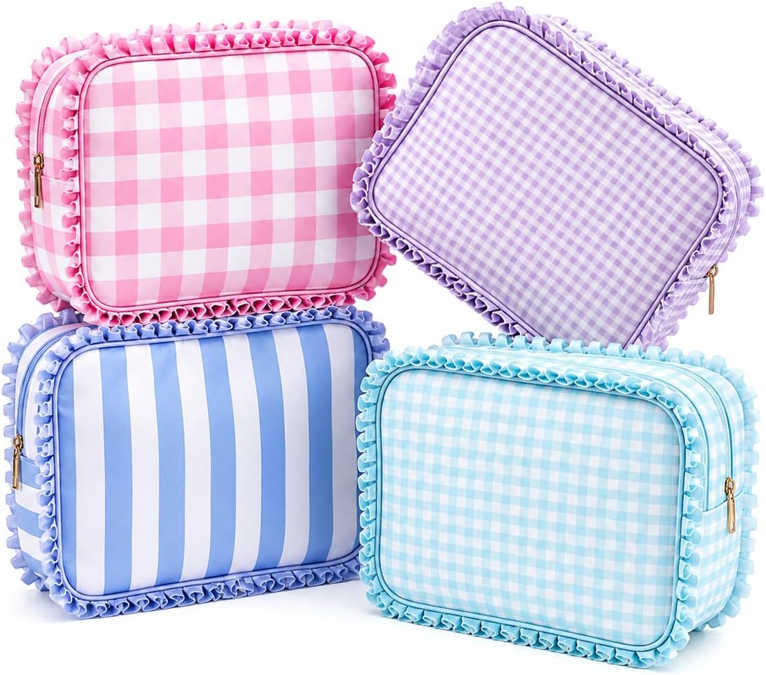 FYSUIMU 4 Pcs Ruffle Makeup Bags Gingham Stripe Oxford Fabric Cosmetic Bag
