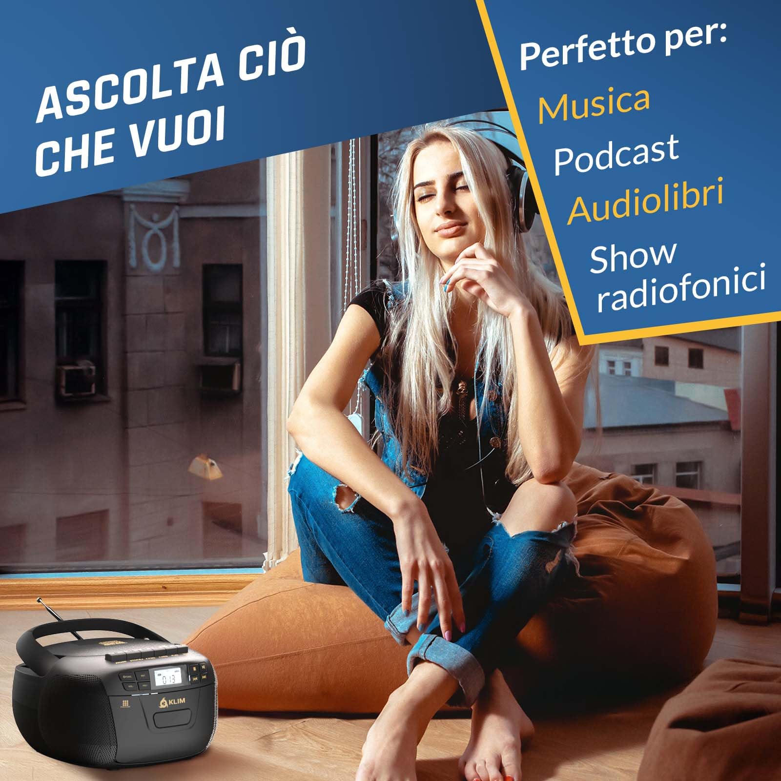 KLIM Lettore CD - Lettore Cassette Audio, AM/FM Radio Bluetooth, Stereo CD Player, Remota, Registrazione Su Nastro, USB Drive, AUX, Radio Stereo Casa Alimentazione AC/DC - Nero/Oro