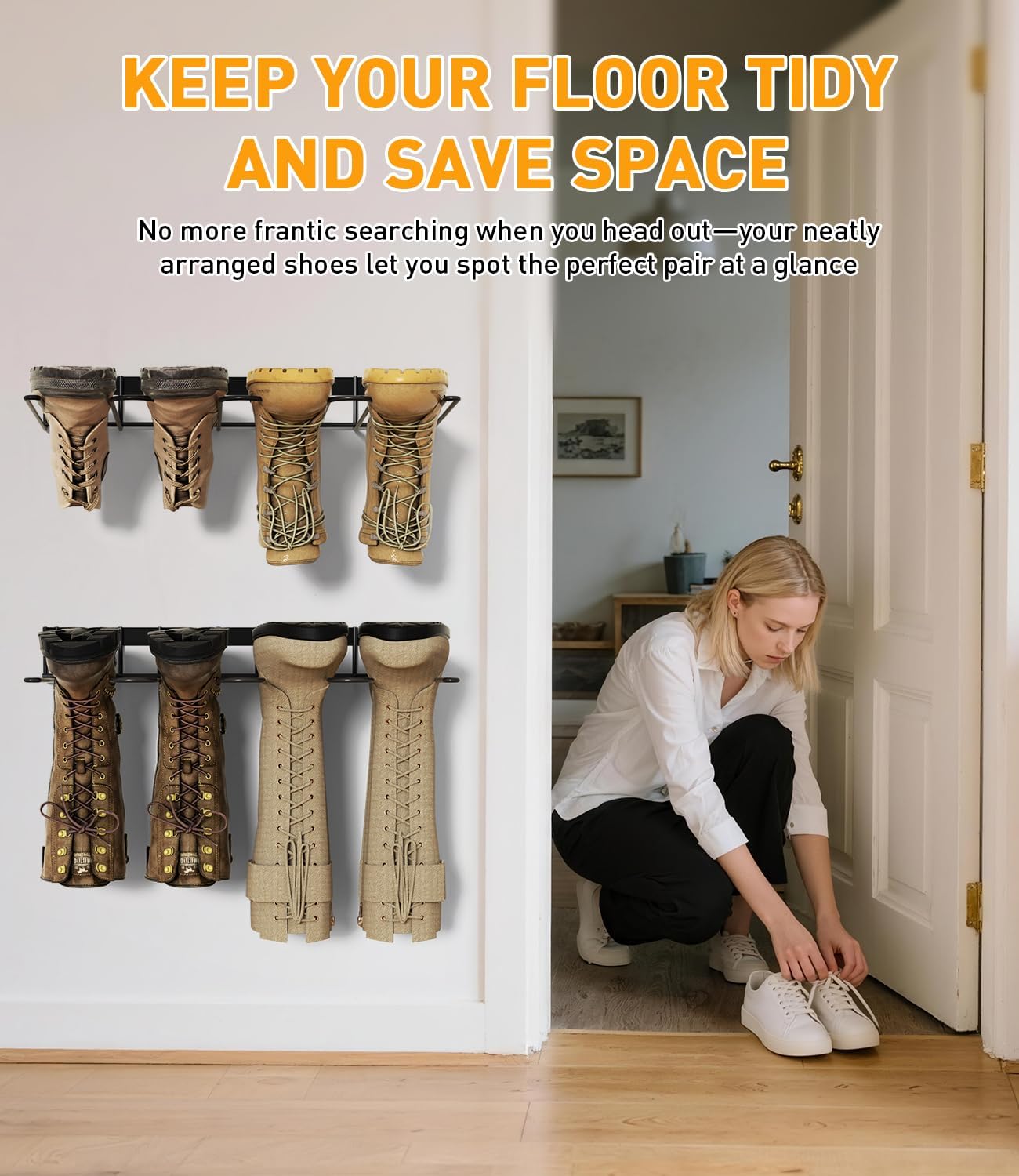 Boot Rack Wader Hanger Wall Mounted- (4 Pair) Sturdy Metal Boot Organizer, Tall Shoe Holder for Closet, Entryway, Indoor, Garage - Image 4