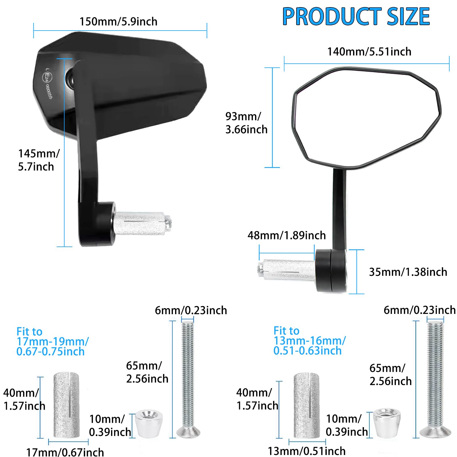Anti-Glare Bleu Retroviseur Moto Embout de Guidon avec E24 Homologué | Retroviseur Moto Embout Latéraux Moto Universel 7/8“ 22mm Ensemble,Aluminium,pour Scooter Motos Quad ATV Bar End