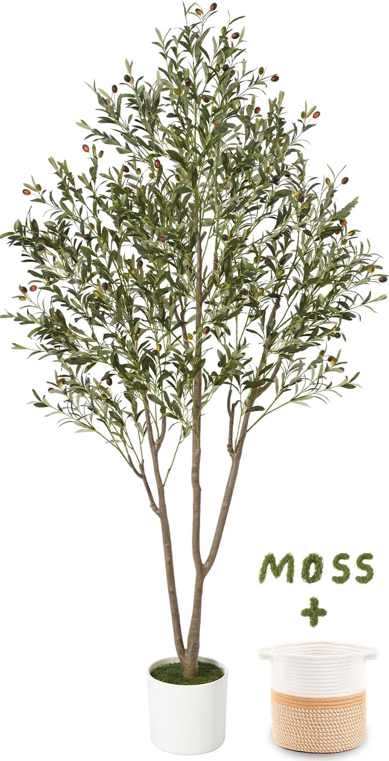 7FT Olive Trees Artificial Indoor with Planter&Basket, Tall Faux Olive Tree | Artificial Faux Plants Indoor with Natural Wood Trunk and Lifelike Fruits for Home Decor, Office, Living Room, Entryway Decor