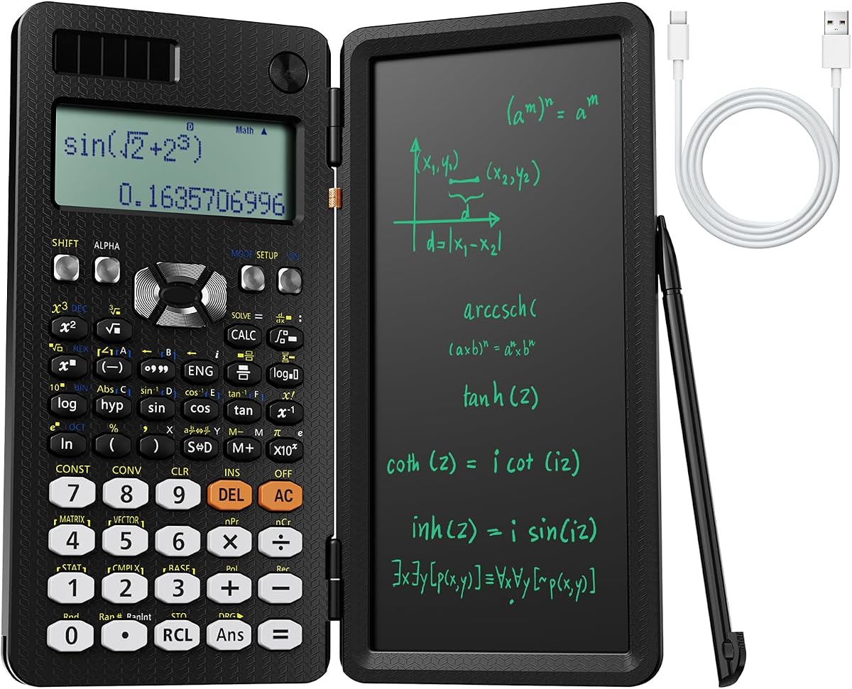 Rechargeable Scientific Calculators 991ES MAX, 417 Functions, Writing Pad, Foldable Hard Case, 4-Line Written Display Advanced Calculators for Students School Engineering, Dual Power, Black