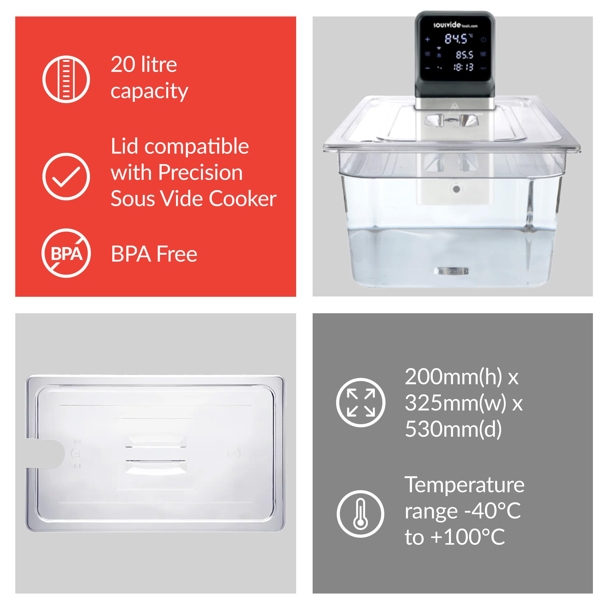 SousVideTools I Container, 20 l, aus Polycarbonat, mit passendem Deckel für den Sous-Vide-Kocher The Precision