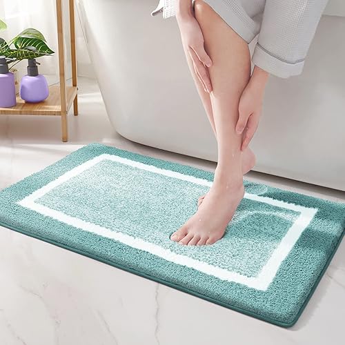 Bathroom Rug Mat, Ultra Soft and Water Absorbent Bath Rug, Bath Carpet, Machine Wash/Dry, for Tub, Shower, and Bath Room (16"x24",Green and White)