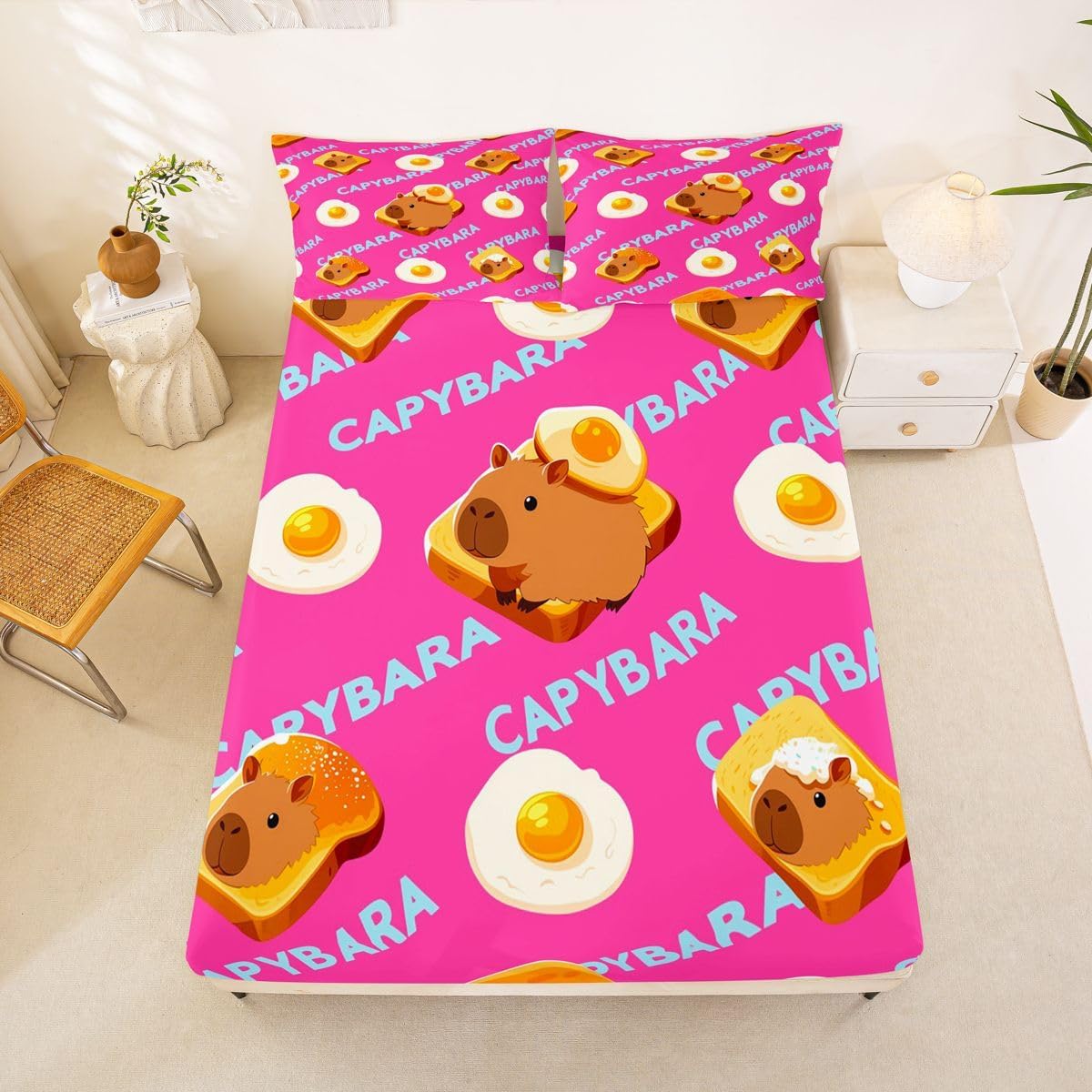 Erosebridal Cute Capybara Full Fitted Sheet Funny Rodent Animal Bed Sheets Kids Girls Women Fried Egg Toast Bedding Set Simple Cartoon Art Sheets