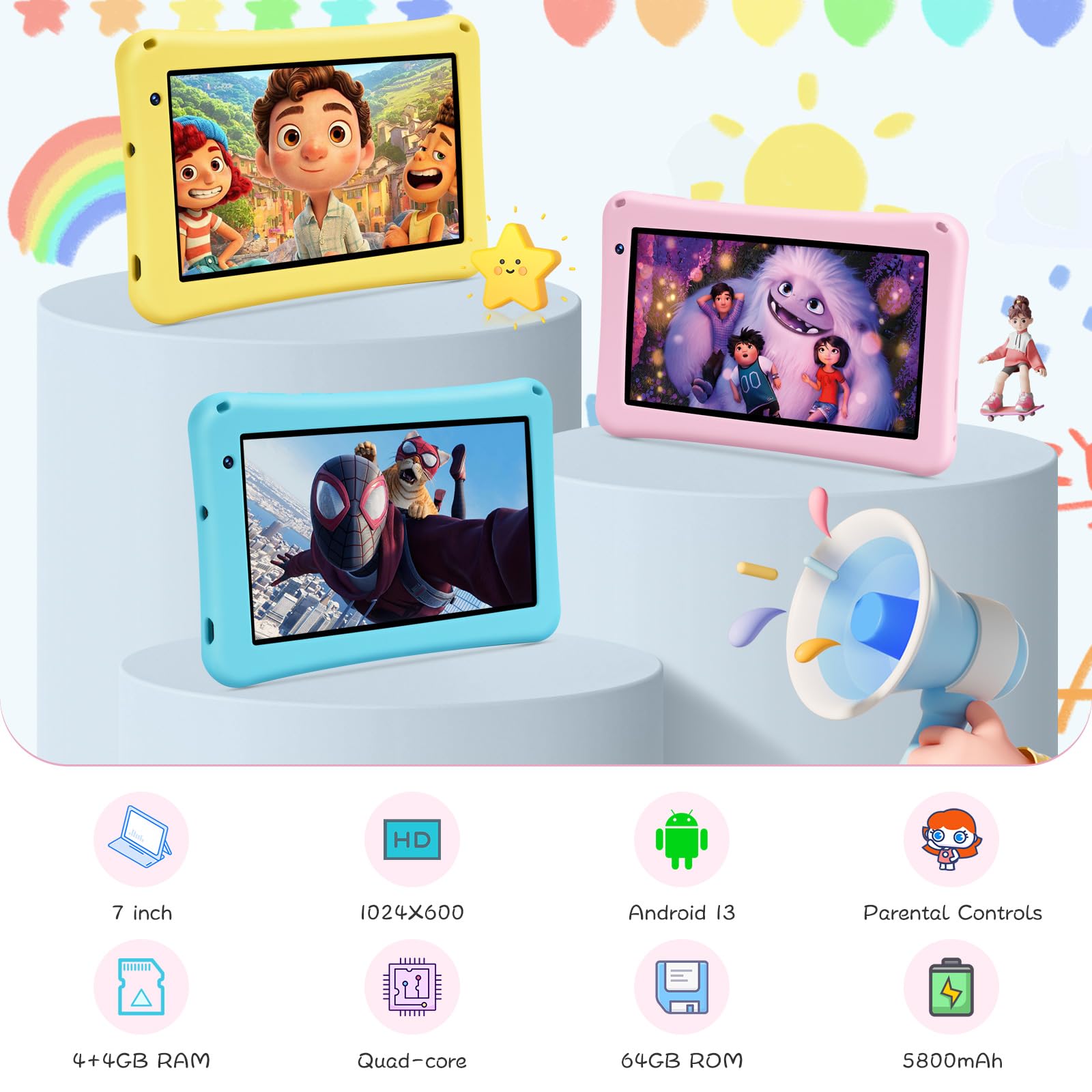 BISAIKASOW Tablet Bambini 7pollici, Android 13, Octa-Core, 8GB+64GB (esp. 256GB), 5800mAh Batteria, Doppia Cam. 5MP+8MP, Software Bambini, Controllo Parentale, con Custodia (Rosa)