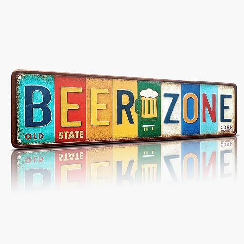 Beer Zone - Letrero de metal de aluminio, decoración de pared vintage para bar del hogar, cueva de hombre, patio, pub, sótano, decoración de sala de