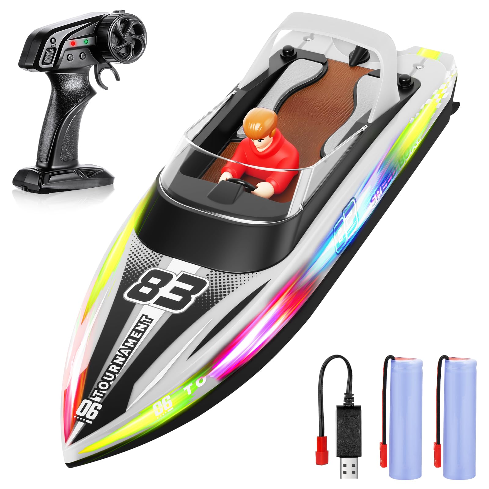 HOTUT Bateau Télécommandé, 2,4 GHz Bateau Telecommandé Enfant, Haute Vitesse RC Bateaux de Course, avec Lumières LED, avec Alarme de Batterie Faible, pour Piscines et Lacs (Blanc